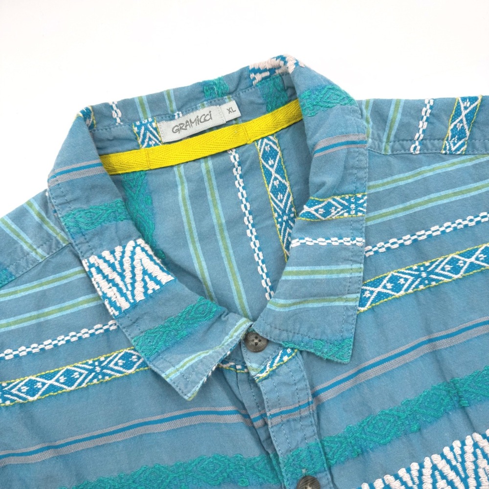 Gramicci Mens XL Short Sleeve Button Down Shirt Teal Blue Organic Cotton Embroid